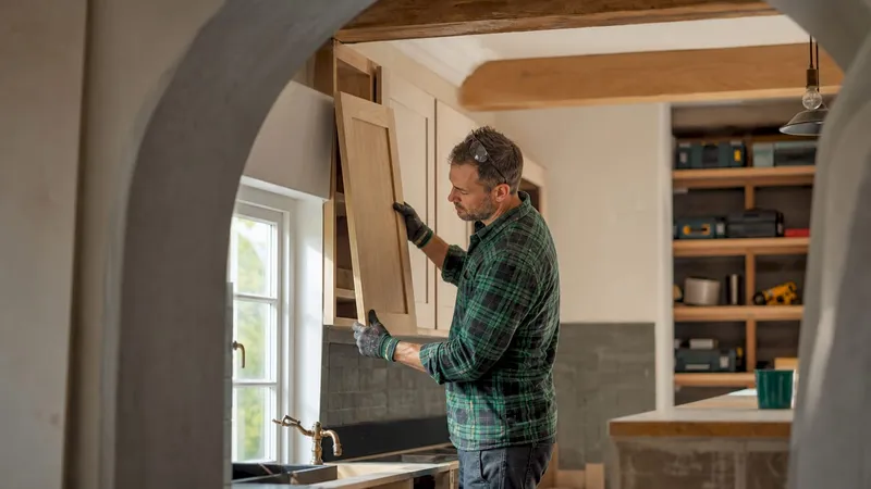 Carpenter installing kitchen cabinetry doors