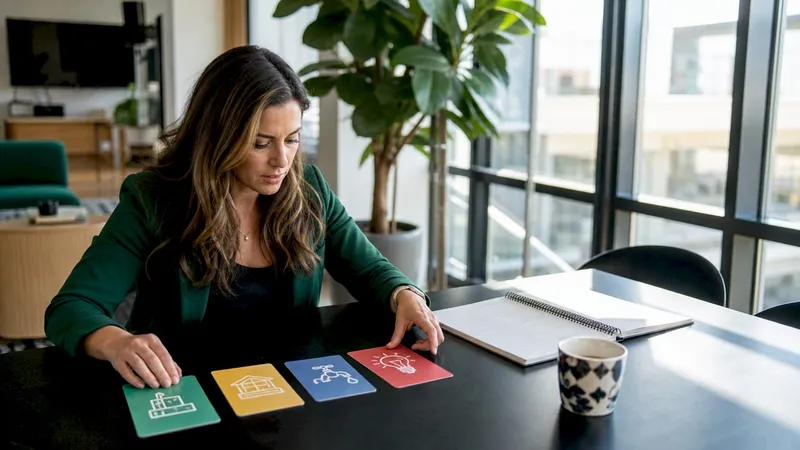 Hands arranging construction milestone cards on table