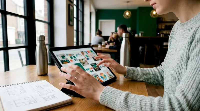 Hands typing on laptop with renovation samples nearby