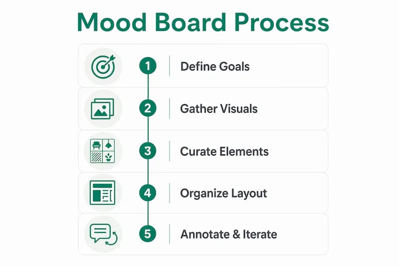 Infographic illustrating five steps of mood board process