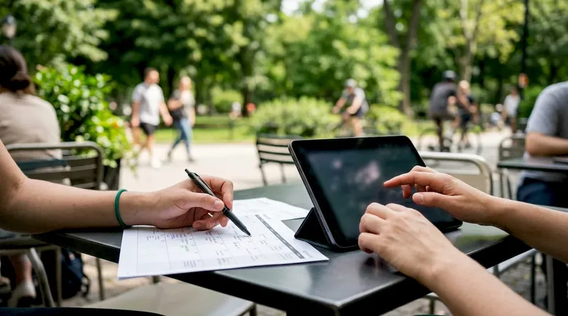 Hands updating project schedule with tablet and pen
