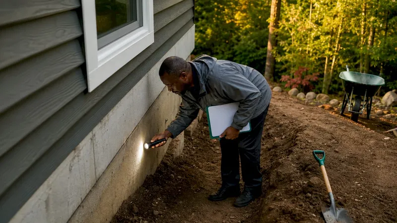 Home inspector examining foundation cracks