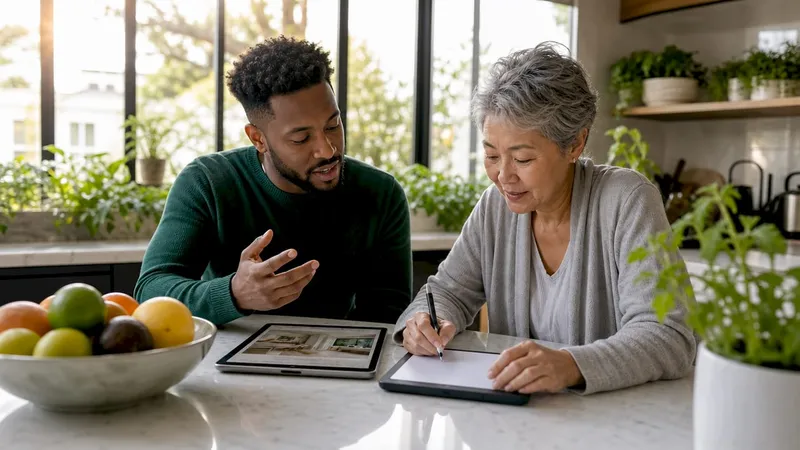 Couple collaborating on kitchen design in home office