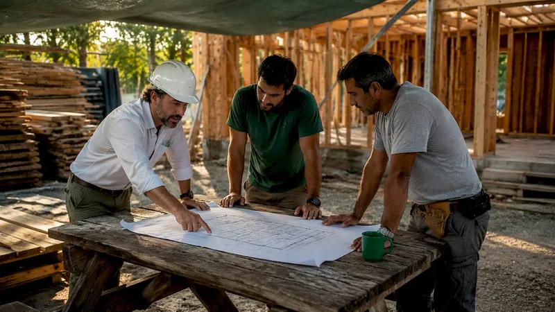 Interior designer consulting contractors with blueprint