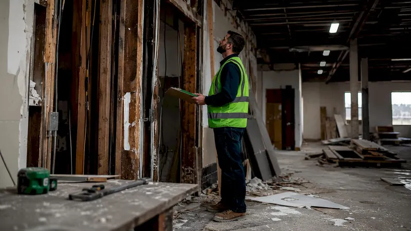 Contractor inspecting structural damage during renovation