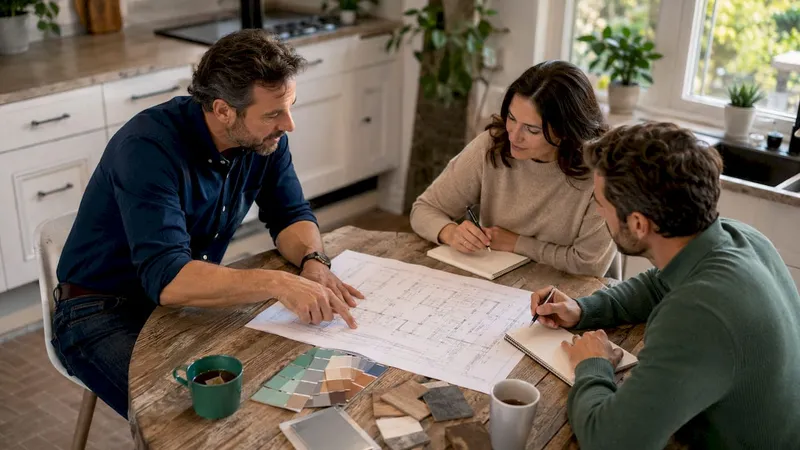 Contractor explaining remodeling blueprint