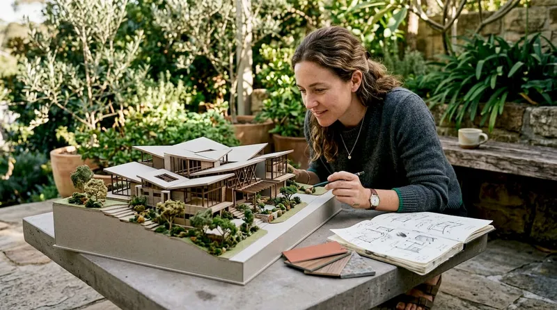 Architect reviewing custom home model in studio