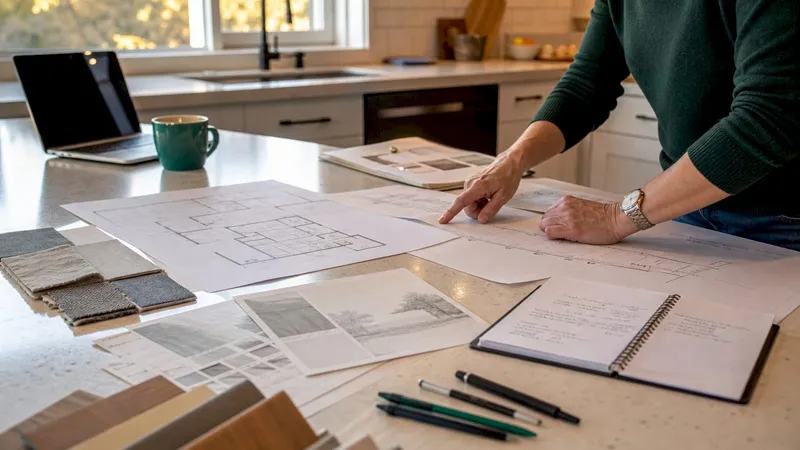 Overhead view of renovation phase documents and planning