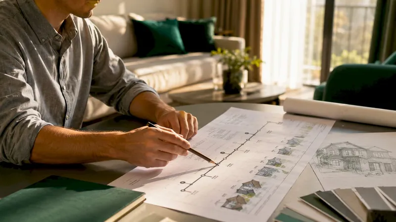 Architect hands pointing at home building timeline papers
