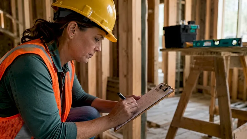 Inspector checking new home build stage checklist