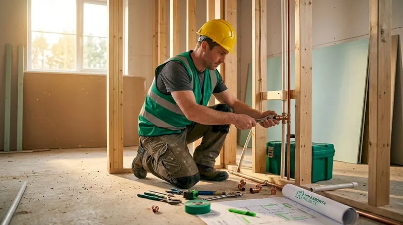 Worker installing rough-in plumbing in bathroom