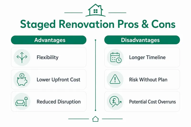 Infographic comparing staged renovation pros and cons