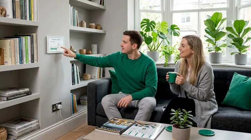 Couple using smart control panel in living room