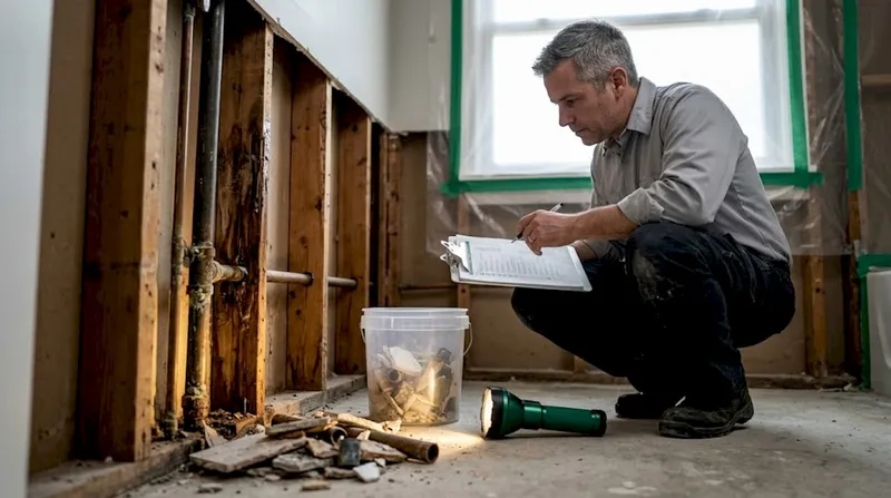 Plumber inspects bathroom wall damage during remodel
