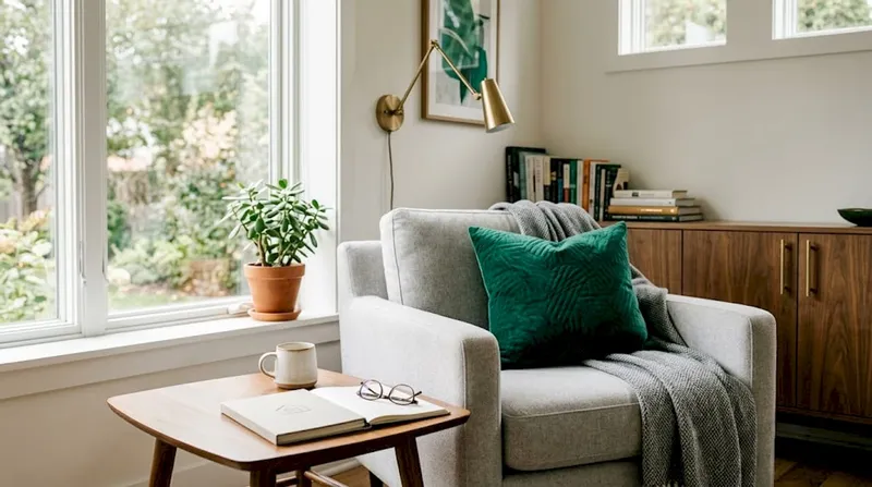 Brass accents connect living and dining rooms