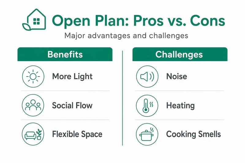 Split infographic showing open plan pros and cons
