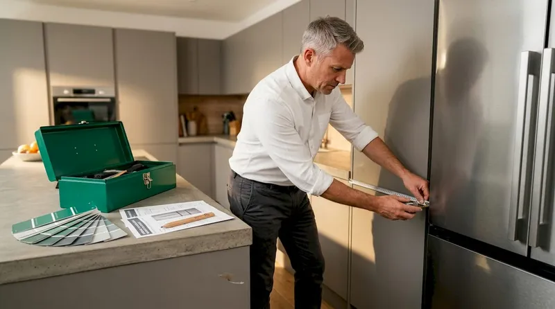 Man measuring space for kitchen appliance installation