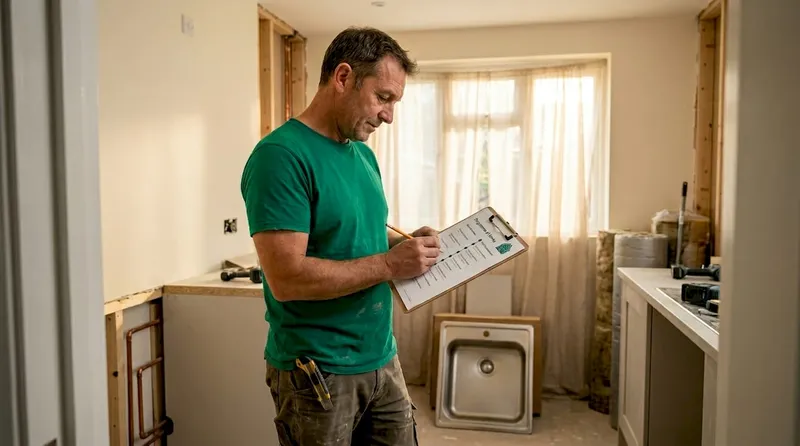 Contractor reviewing renovation timeline on site