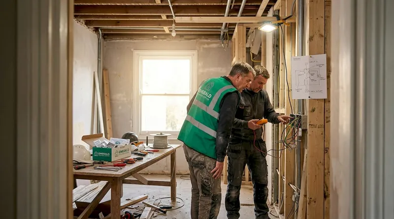 Contractor and electrician check rough-in framing