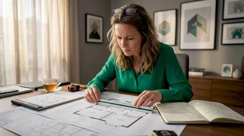 Woman measuring printed floor plan at kitchen island