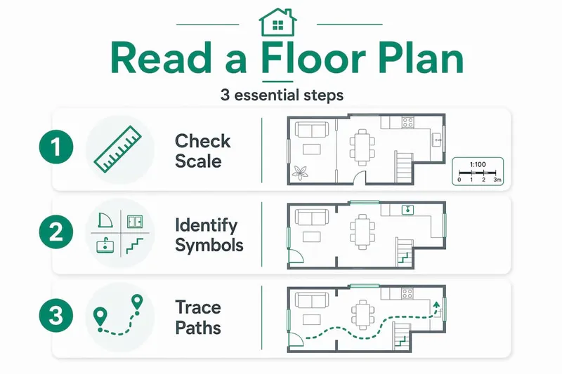 Infographic explaining steps to read a floor plan